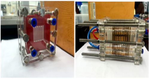 Prototype of a multi-stack electrolyzer developed by Prof. Arnab Dutta's research group. (Photos by: Arnab Dutta and Suhana Karim)