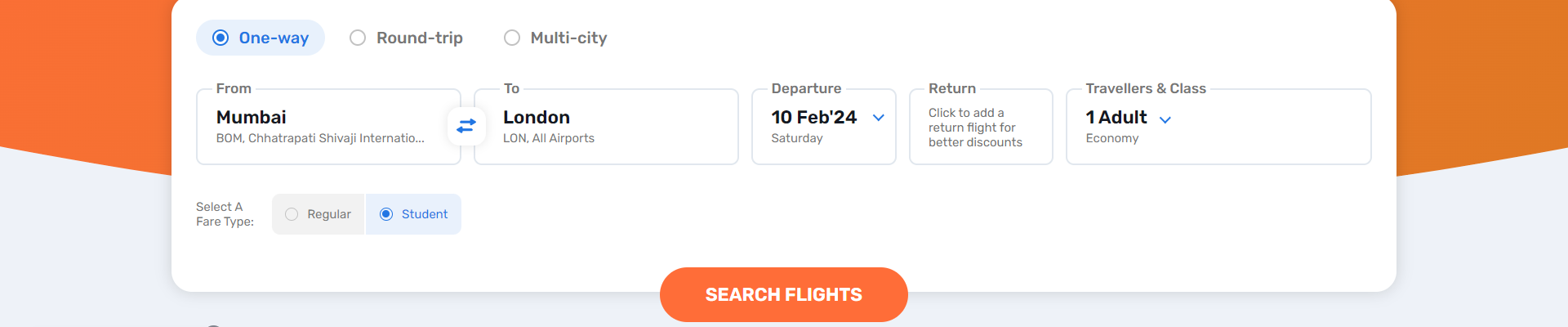 Search box for searching flight tickets