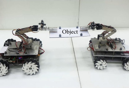 Two different types of robots/ manipulators cooperating to perform a task